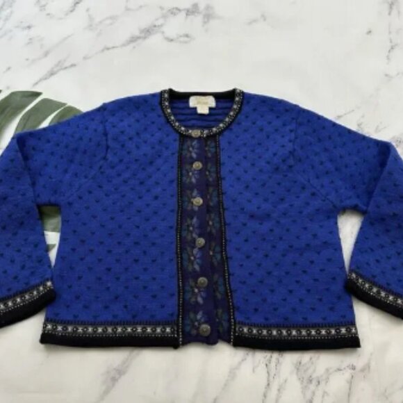 Tally Ho Womens Vintage Nordic Cardigan Sweater Size L Petite Blue Purple Wool - Picture 1 of 3